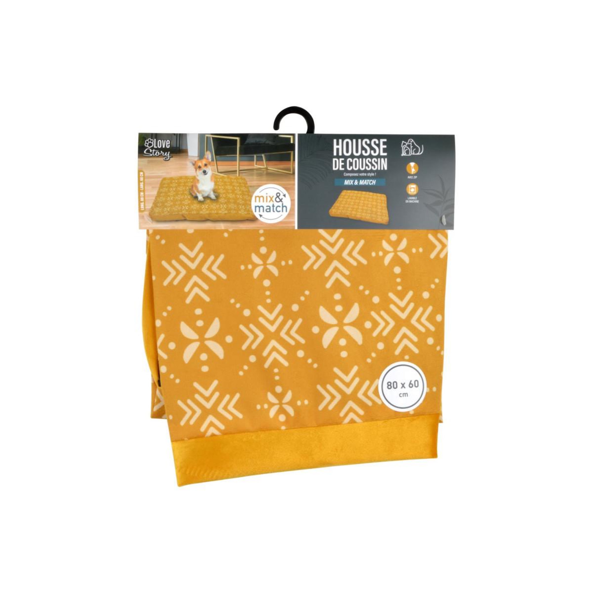 Voir la diapositive 5 : LOVE STORY Housse de coussin pour chien & chat  ethnic  80cm moutarde