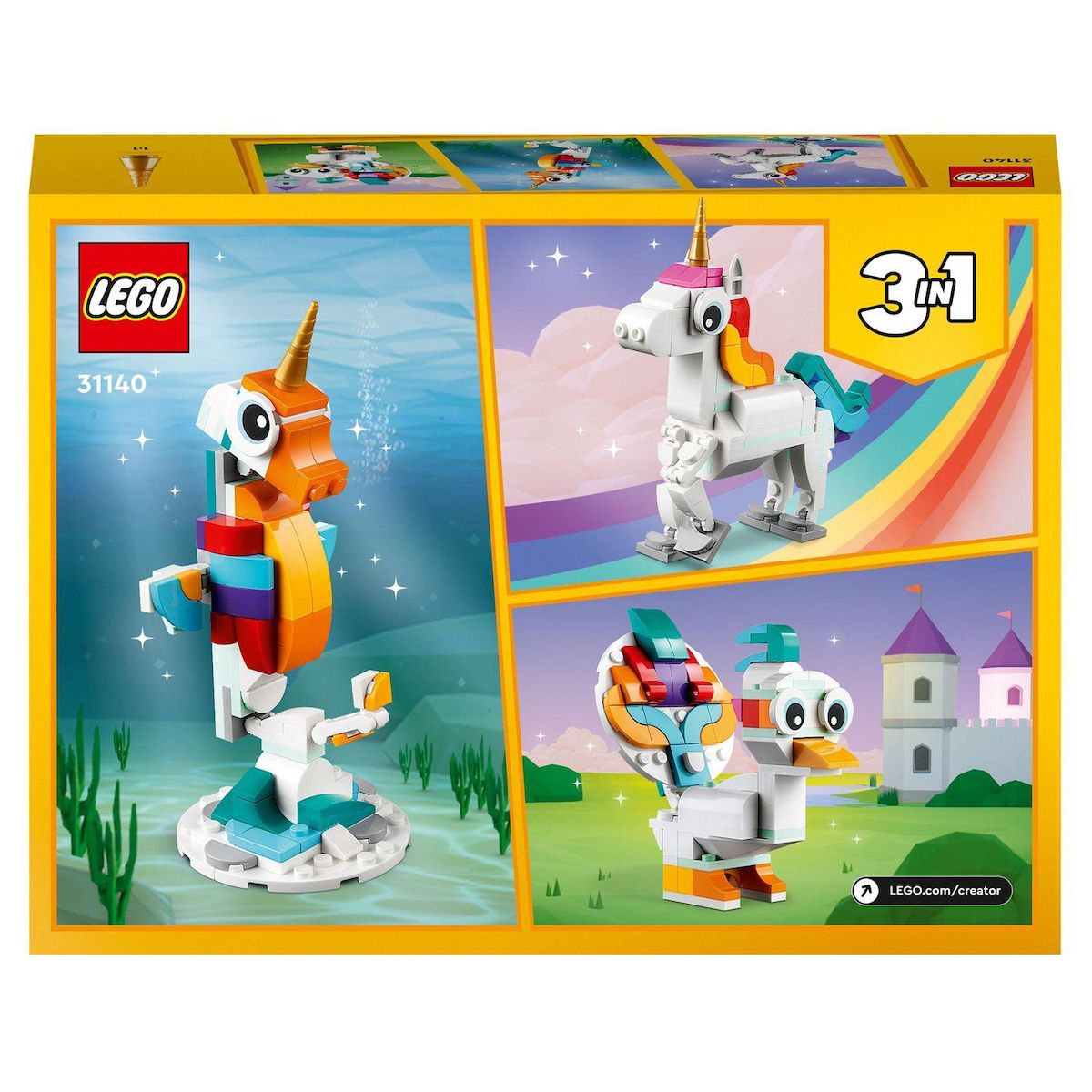 LEGO Creator 31140 - La licorne magique, Jouet Transformable, Hippocampe en Paon en Arc-en-Ciel avec Licorne