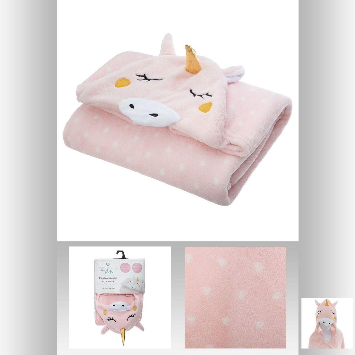 ATMOSPHERA Plaid à capuche Licorne - 140 x 100 cm - Rose