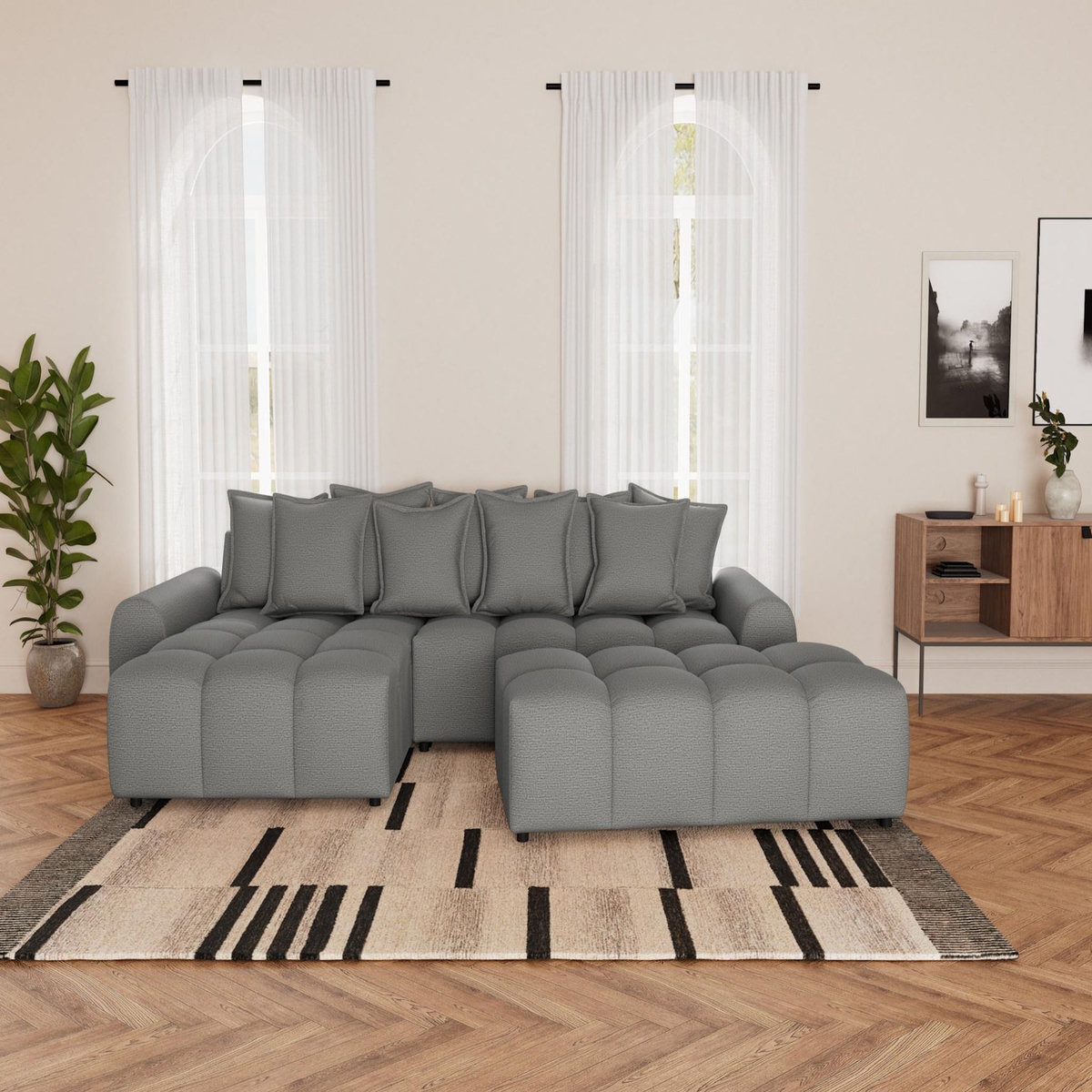 LISA DESIGN Adelaide - canapé d'angle réversible 4 places avec pouf d'appoint en tissu texturé