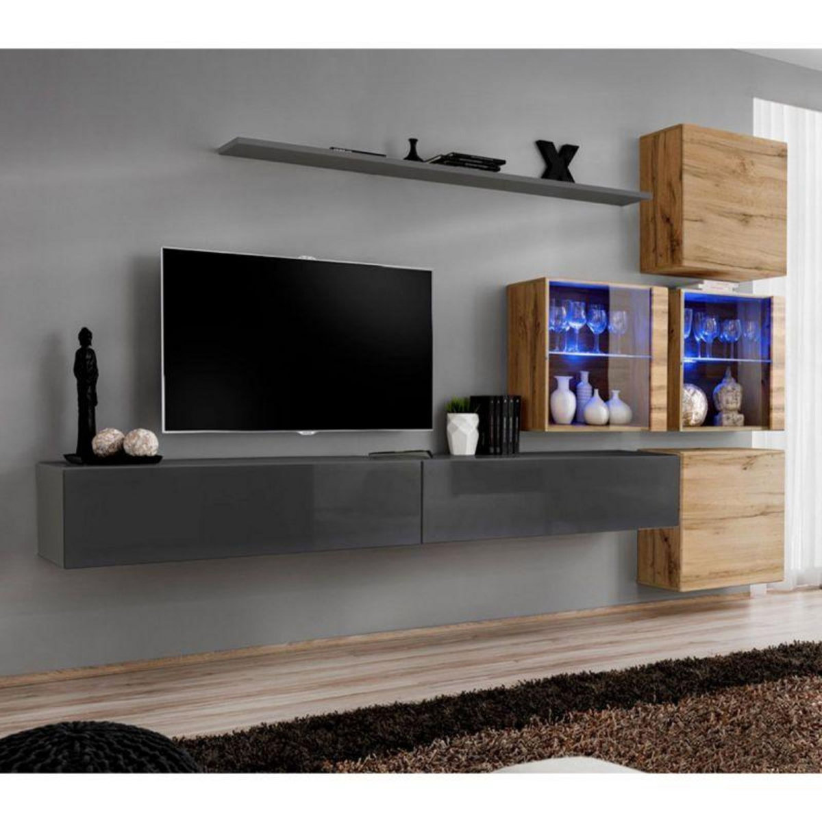 Paris Prix Meuble TV Mural Design  Switch XIX  310cm Gris & Naturel