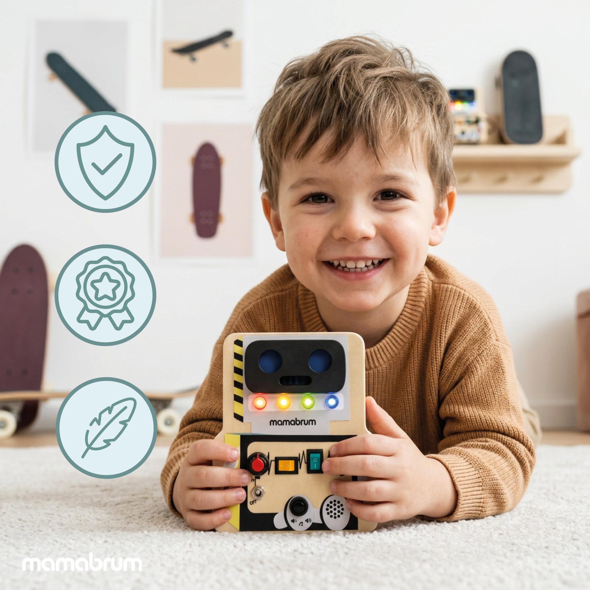 Voir la diapositive 2 : MAMABRUM Tableau Activites Robot Bois Mamabrum Boutons LED Interrupteurs Câble 3 Ans+