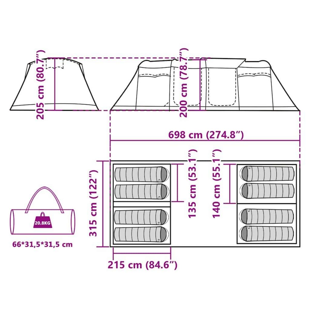 VIDAXL Tente familiale tunnel 8 personnes vert impermeable