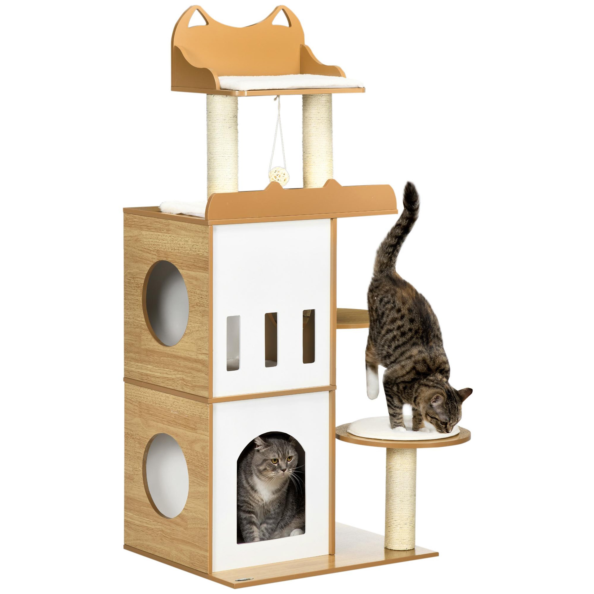 PAWHUT Arbre à chat design contemporain griffoir sisal naturel 2 niches plateformes jeu boule suspendue mdf blanc aspect hêtre clair