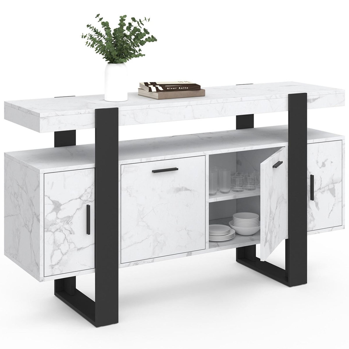 ID MARKET Buffet 140 cm PHOENIX 4 portes effet marbre blanc ALASKA et noir