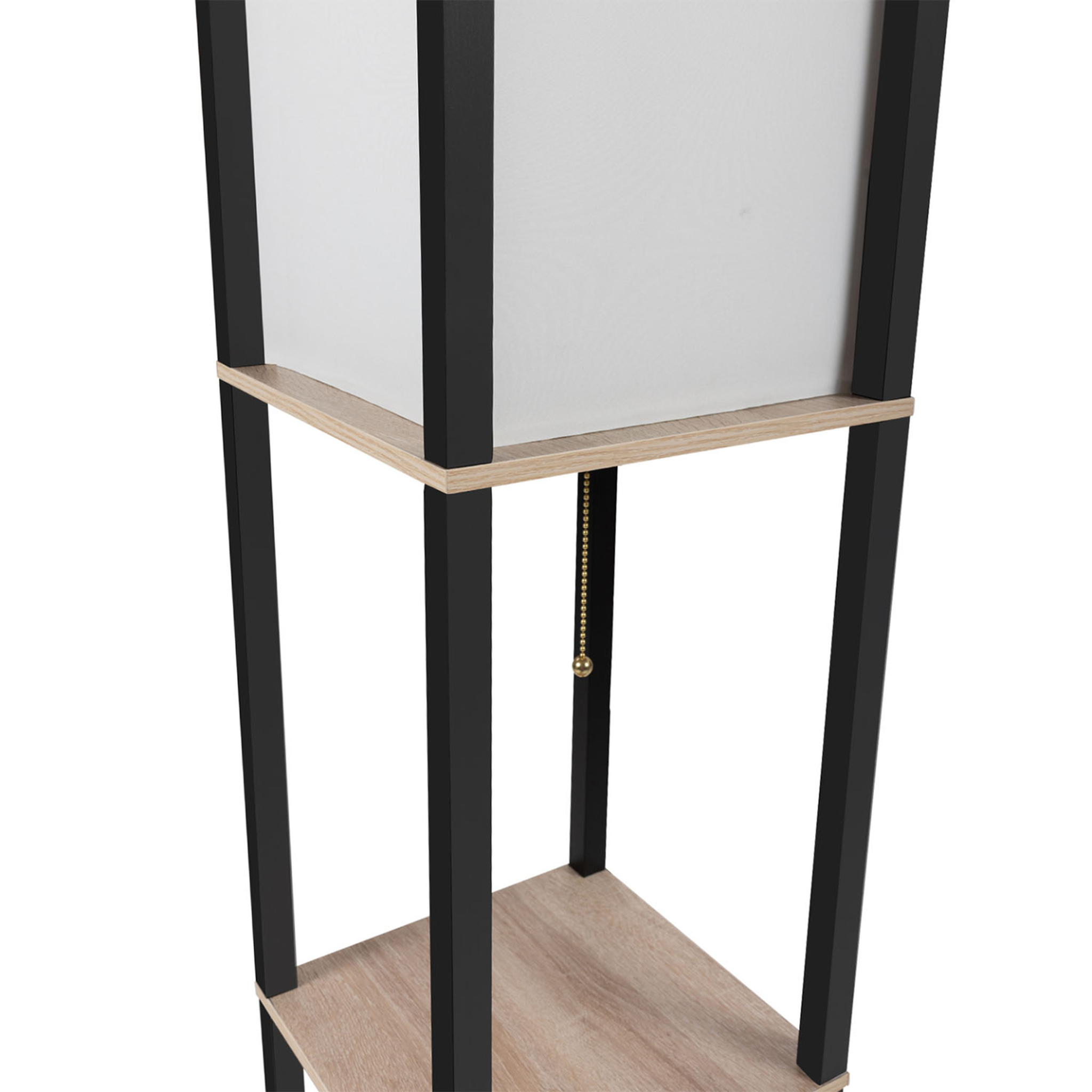 Voir la diapositive 6 : ID MARKET Lampadaire industriel en bois noir avec étagères en bois clair et abat-jour carré blanc