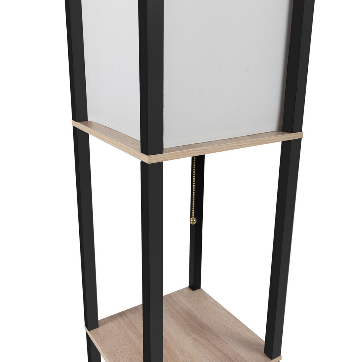 ID MARKET Lampadaire industriel en bois noir avec étagères en bois clair et abat-jour carré blanc