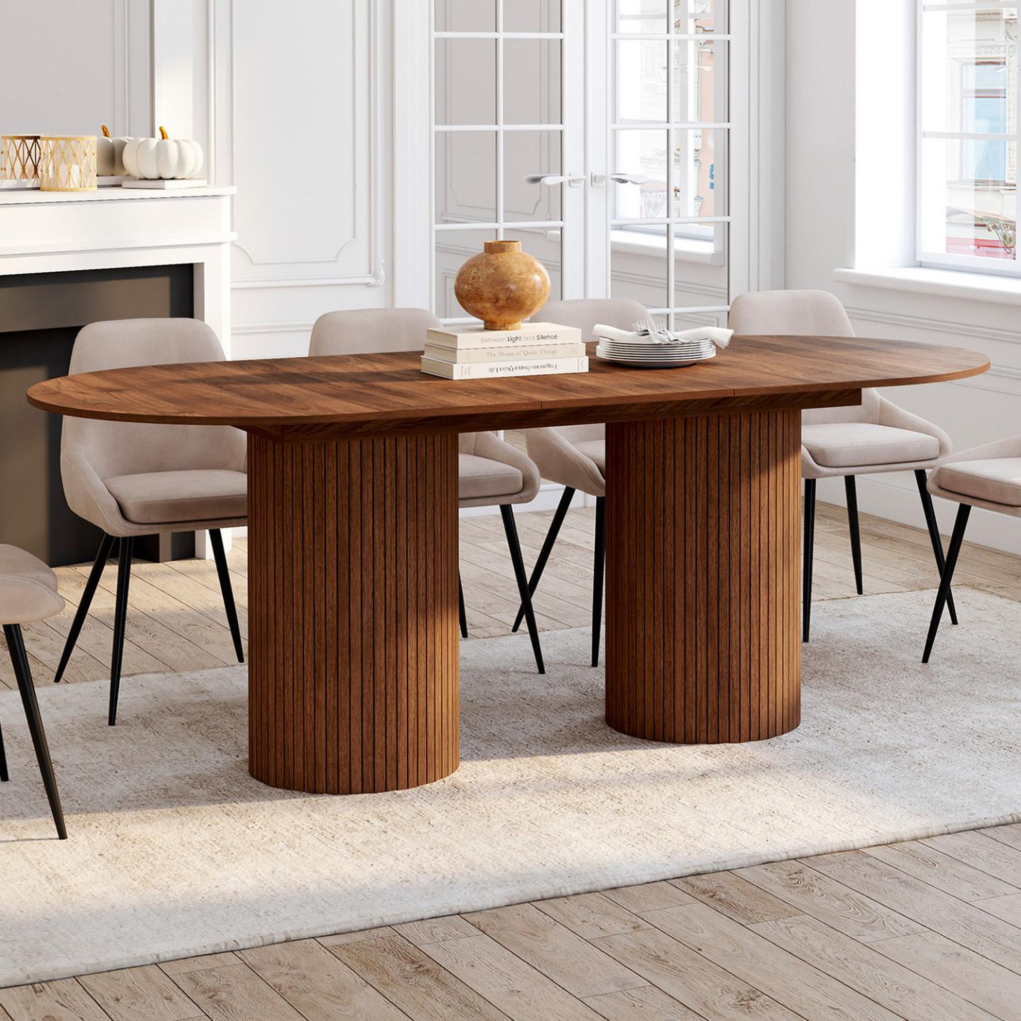 Voir la diapositive 2 : ID MARKET Table à manger extensible ovale juliette  6-10 personnes pieds cylindriques lattes tasseau bois coloris noyer 160-200 cm