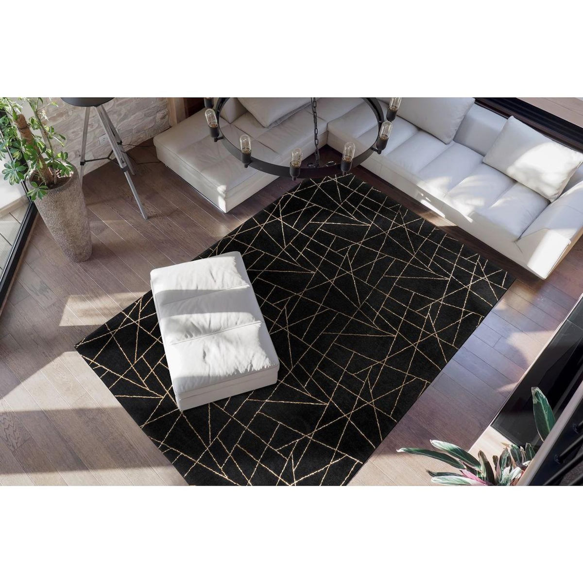 Paris Prix Tapis Géométrique à Poils Longs  Bijou  Noir & Or