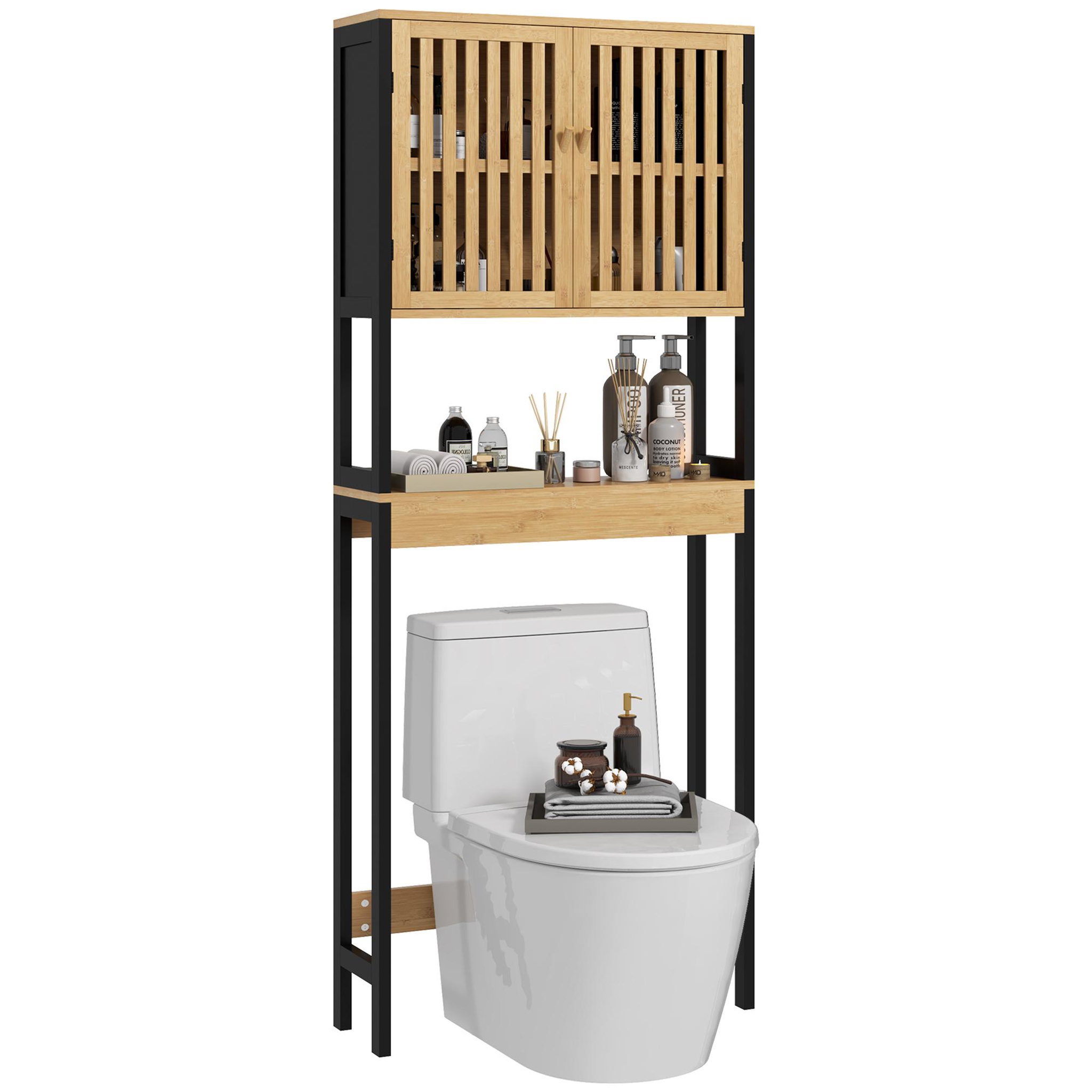 KLEANKIN Meuble étagère dessus wc - 2 portes, 2 étagères - mdf noir bois bambou verni
