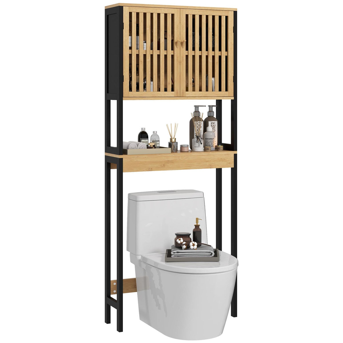 KLEANKIN Meuble étagère dessus WC - 2 portes, 2 étagères - MDF noir bois bambou verni