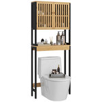 KLEANKIN Meuble étagère dessus WC - 2 portes, 2 étagères - MDF noir bois bambou verni