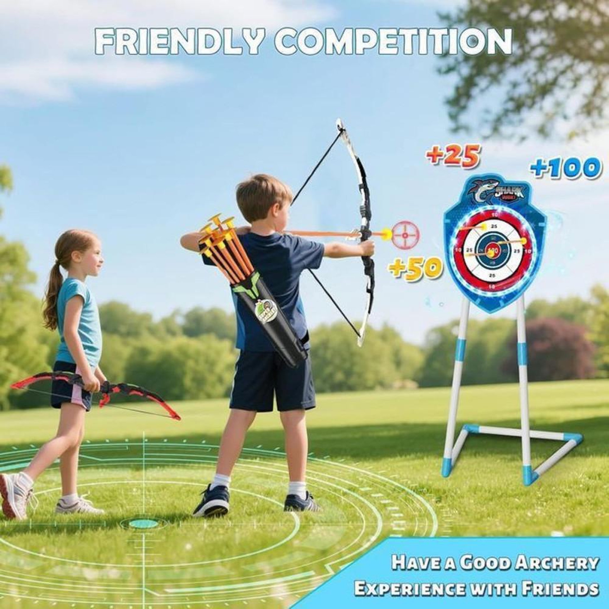 Voir la diapositive 4 : Jeu de tir à l'arc LED 2 joueurs pour enfants 5-12 : arcs lumineux, cible requin phosphorescente, flèches à ventouses et plateau de fléchettes adhésif