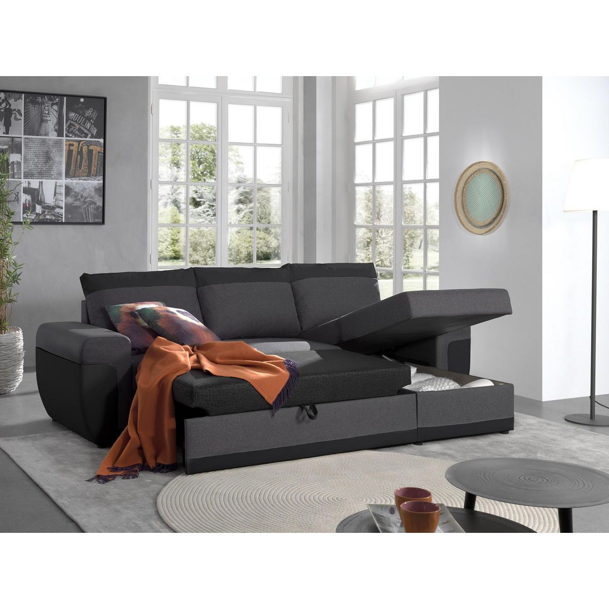 BEST MOBILIER Milan - canapé d'angle réversible - 4 places - convertible avec coffre - en simili et tissu