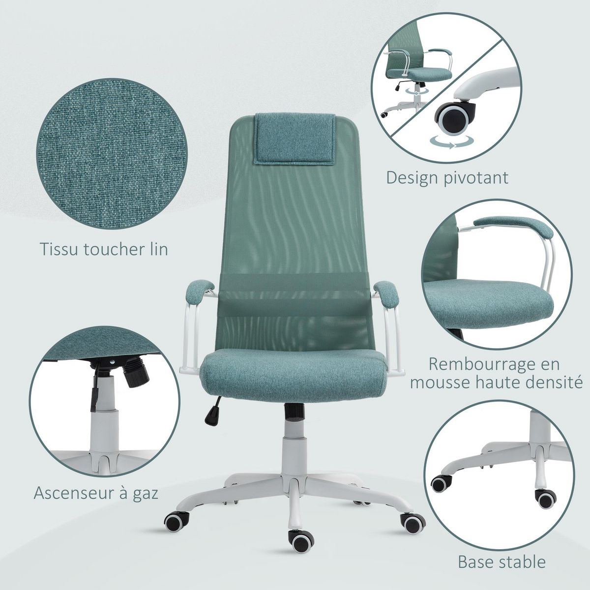 HOMCOM Chaise de bureau design contemporain fonction bascule réglable tissu maille vert d'eau