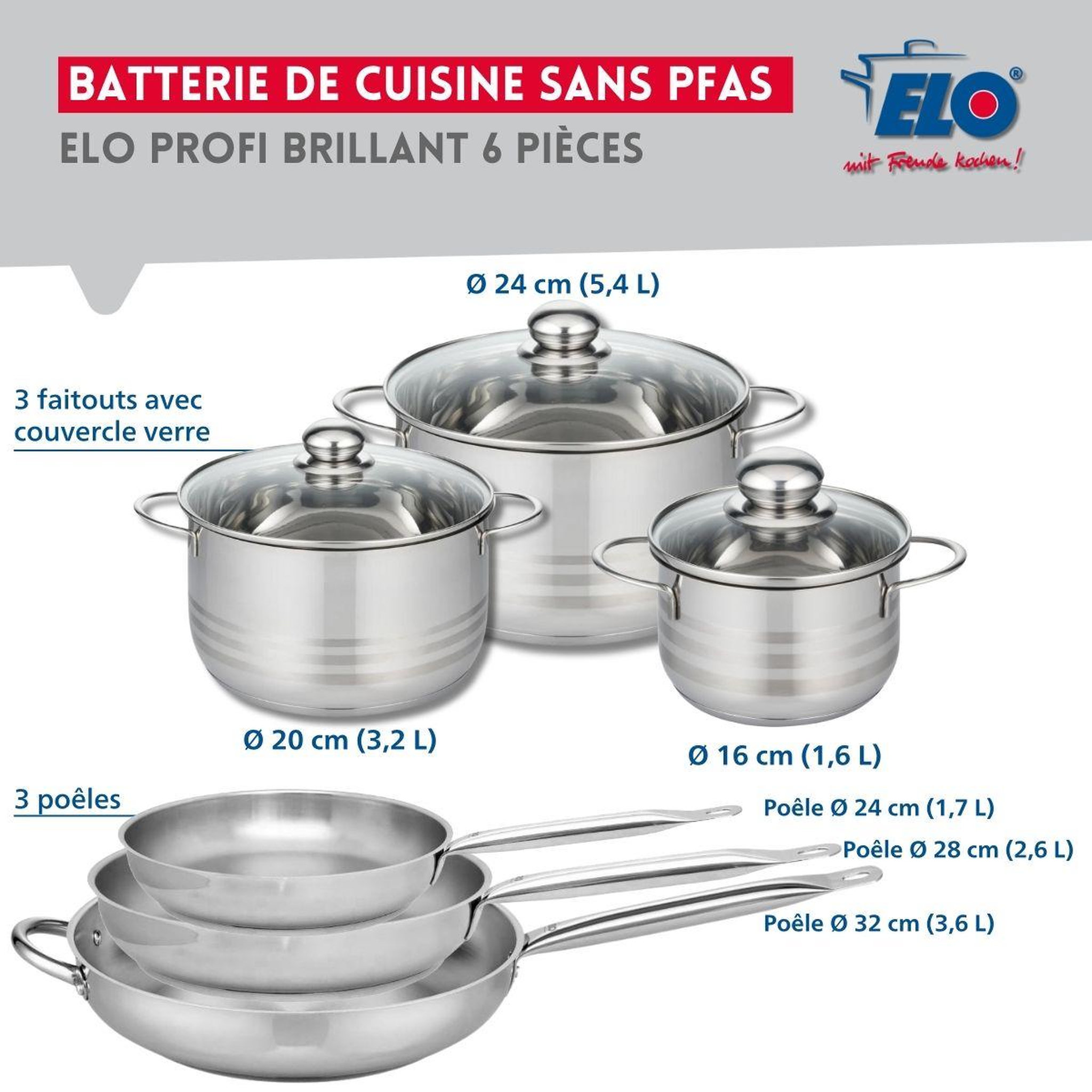 Voir la diapositive 2 : ELO Ensemble de 3 poêles de cuisson 24, 28 et 32 cm et 3 faitouts 16, 20 et 24 cm elo profi brillant