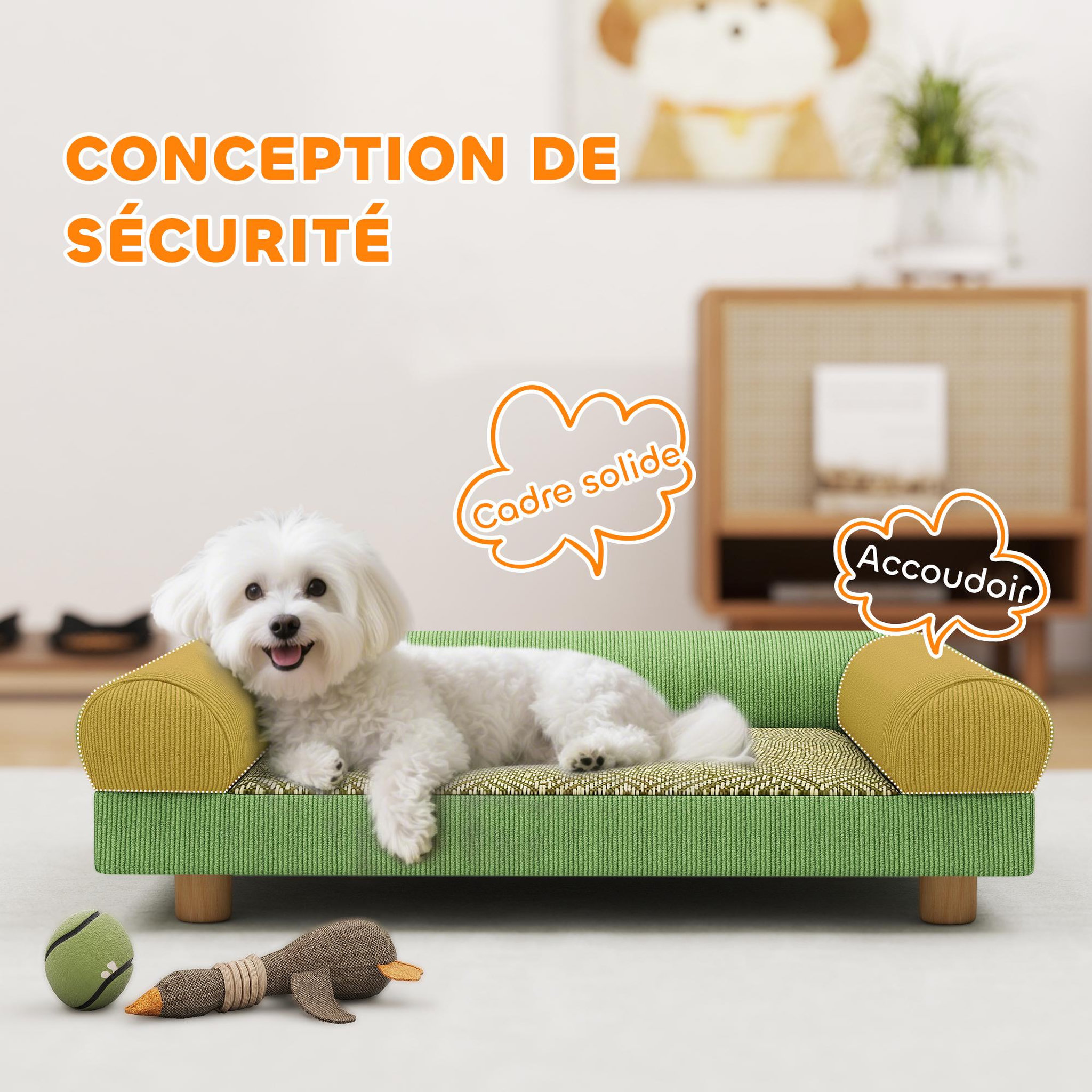 Voir la diapositive 5 : PAWHUT Canapé chien style nordique velours côtelé avec accoudoirs dossier dim. 63x41x17cm bois vert