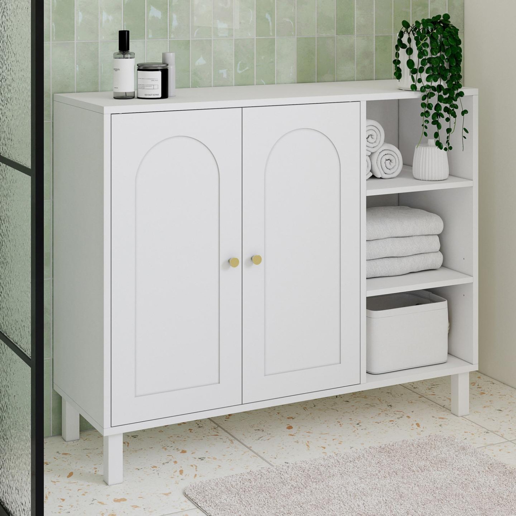 Voir la diapositive 2 : ID MARKET Meuble de salle de bain, meuble de rangement salon, entrée arsene 3 étagères avec placard bois blanc
