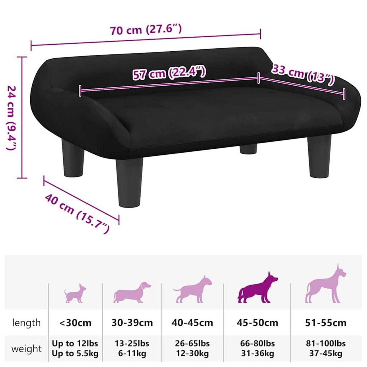 VIDAXL Lit pour chien noir 70x40x24 cm velours