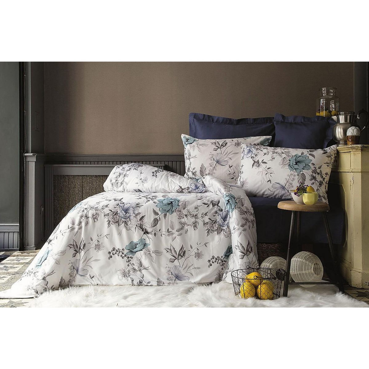 Home collection Parure Housse de couette 3 pcs 240x220 cm 100% satin de coton 82 fils imprimé. Laterna