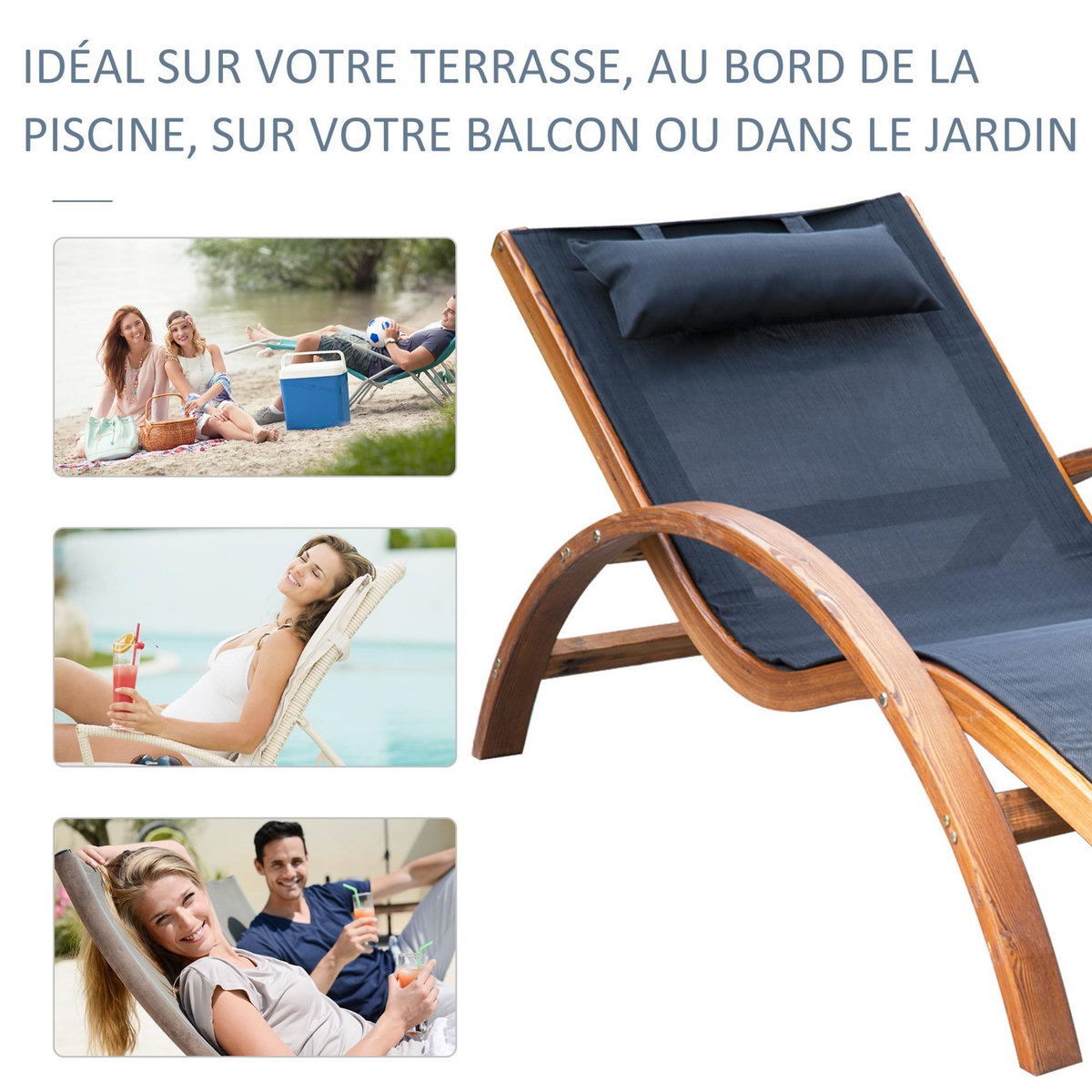 OUTSUNNY Transat chaise longue design style tropical bois massif naturel coloris beige noir