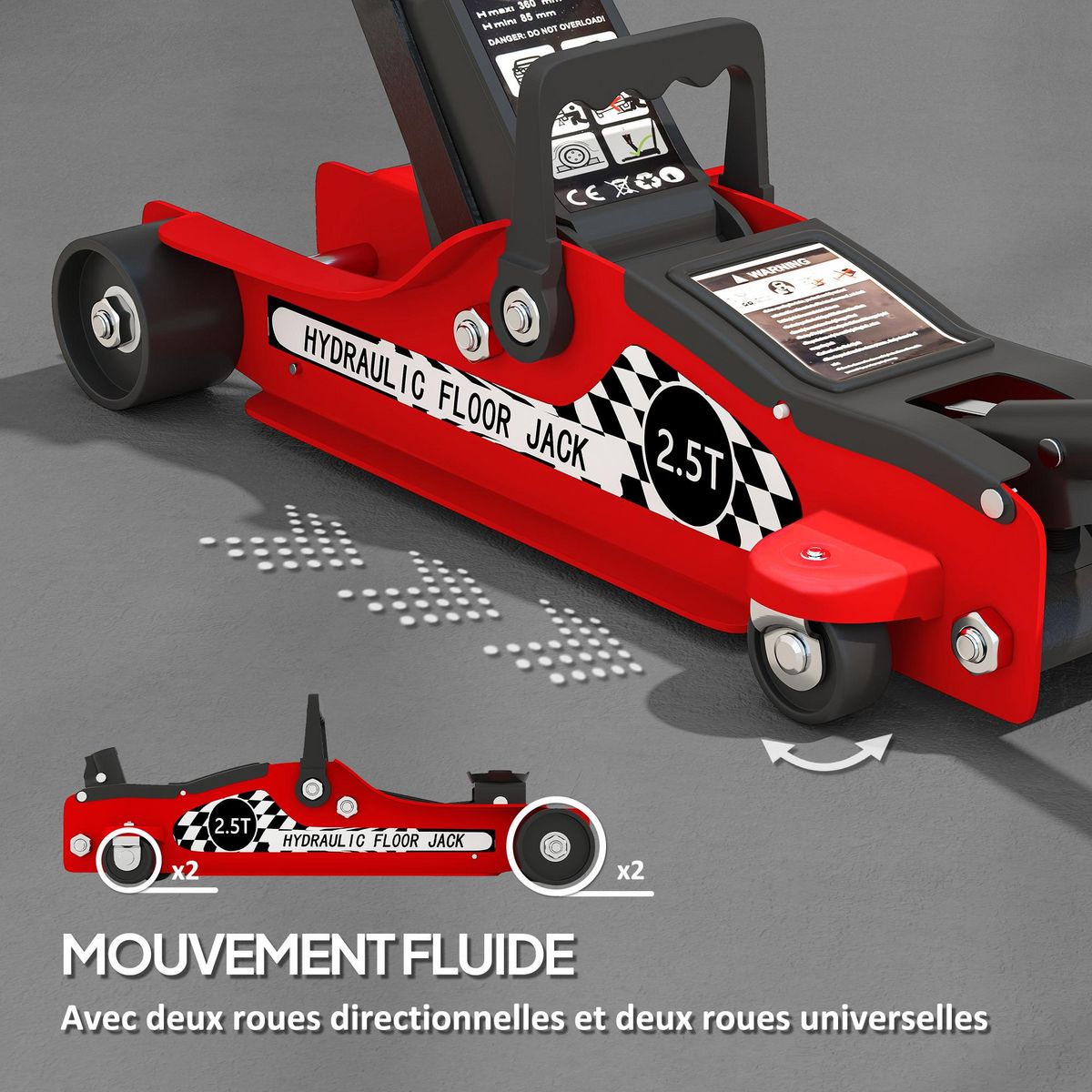 HOMCOM Cric hydraulique rouleur 2,5t - hauteur de levage 80-360mm - acier rouge noir