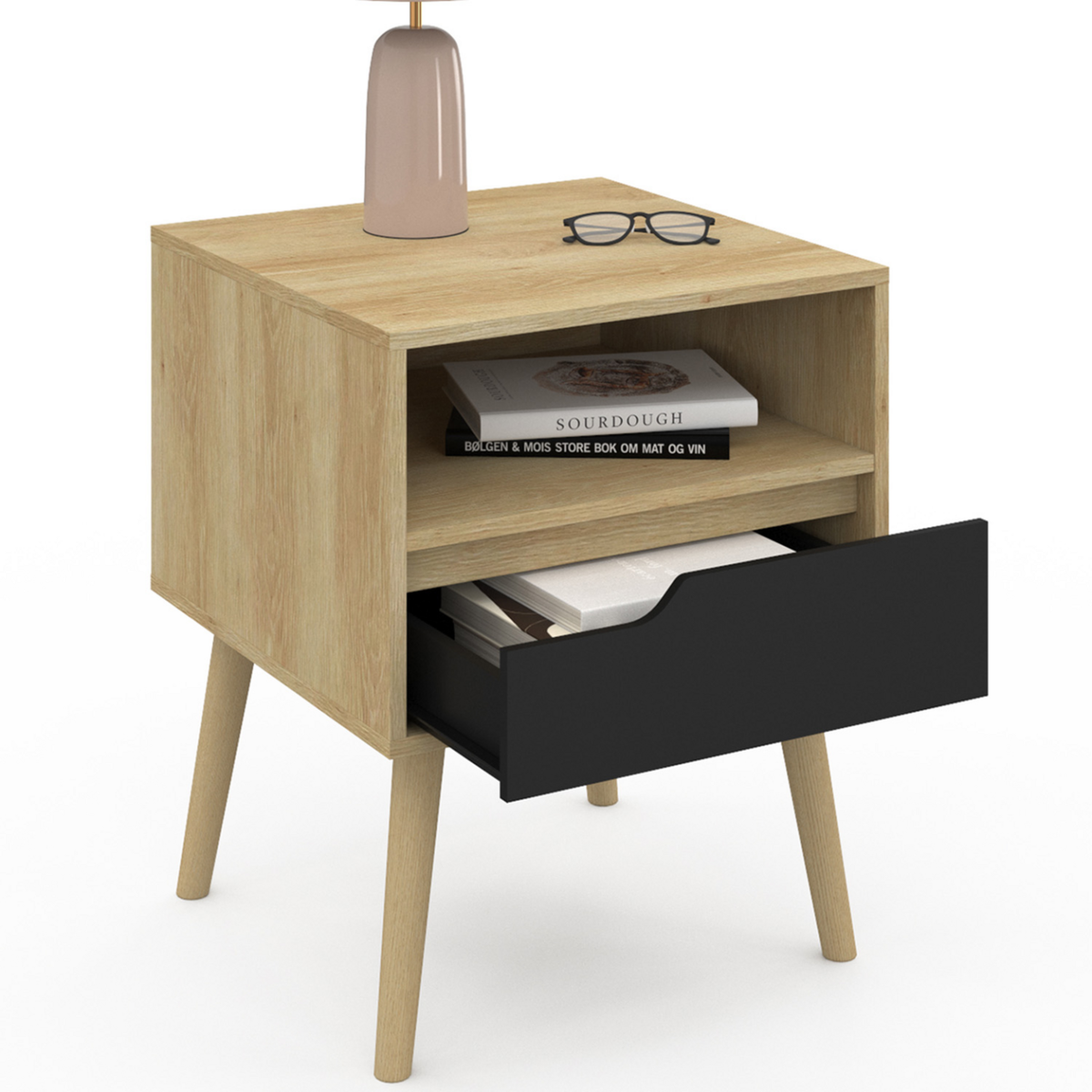 ID MARKET Lot de 2 tables de chevet HELSINKI scandinaves 1 tiroir avec niche effet hêtre et noir