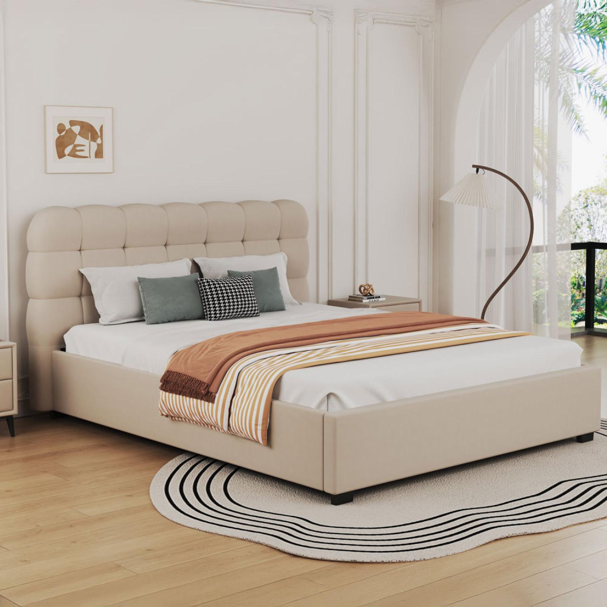 Voir la diapositive 3 : CONCEPT USINE Lit coffre style nuage 160x200cm en velours beige dallas