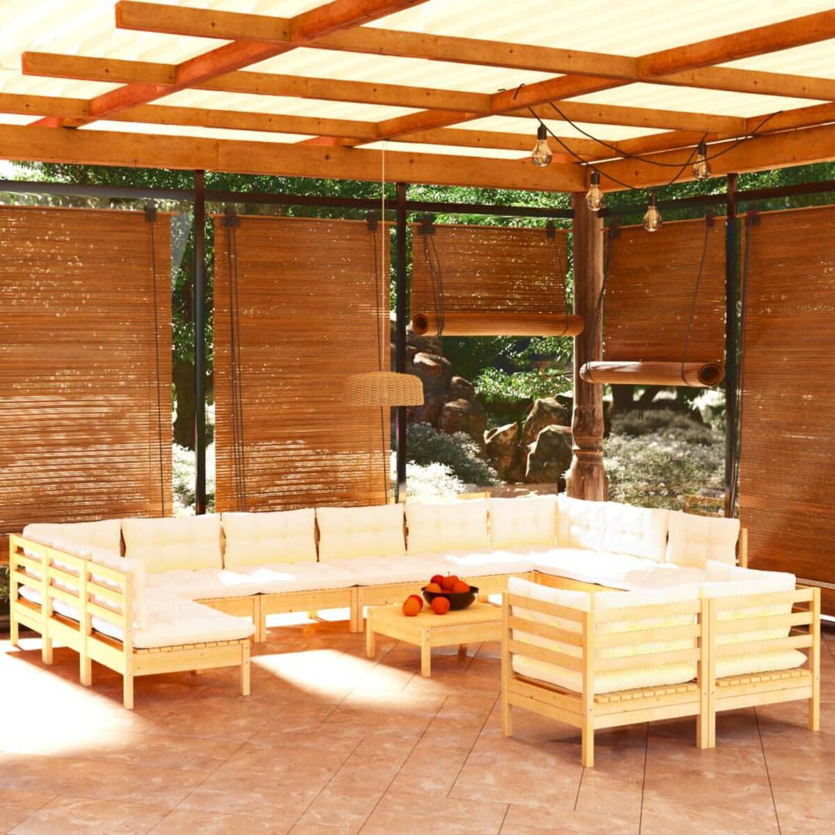 VIDAXL Salon de jardin 13 pcs avec coussins creme bois de pin