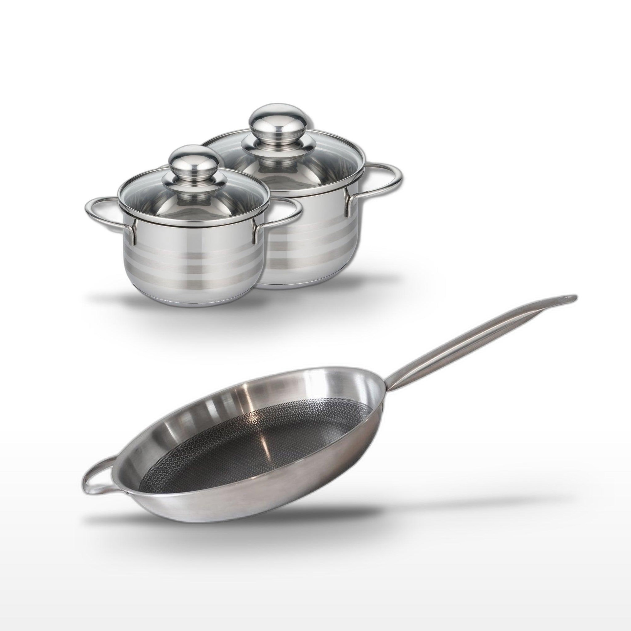 ELO Batterie de cuisine avec 1 poêle de cuisson 32 cm et 2 faitouts 16/14 cm en acier inoxydable sans pfas elo collection relief solution brillant