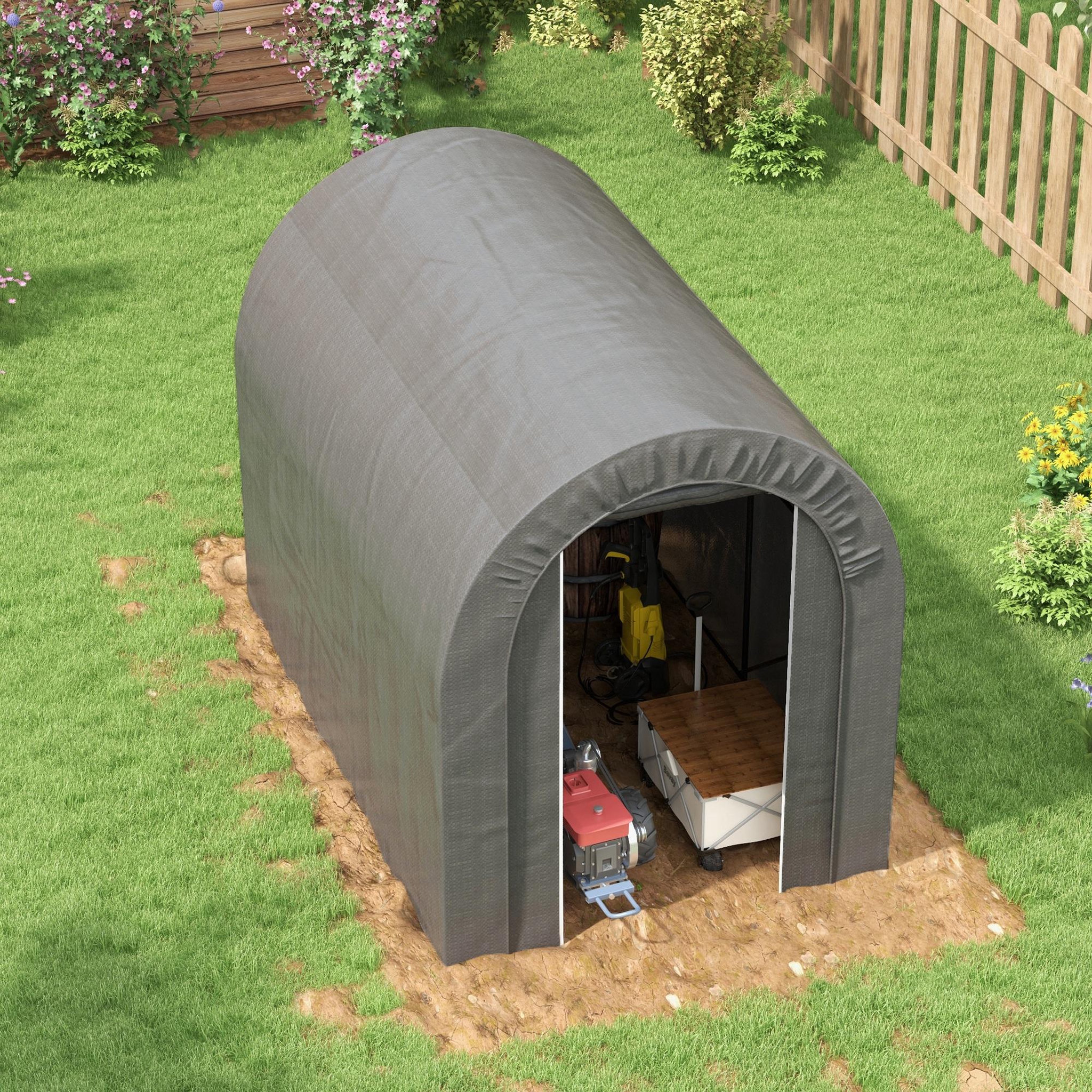 Voir la diapositive 5 : OUTSUNNY Abri de jardin rangement extérieur dim. 239L x 159l x 190H cm - porte zippée - acier galvanisé PE gris