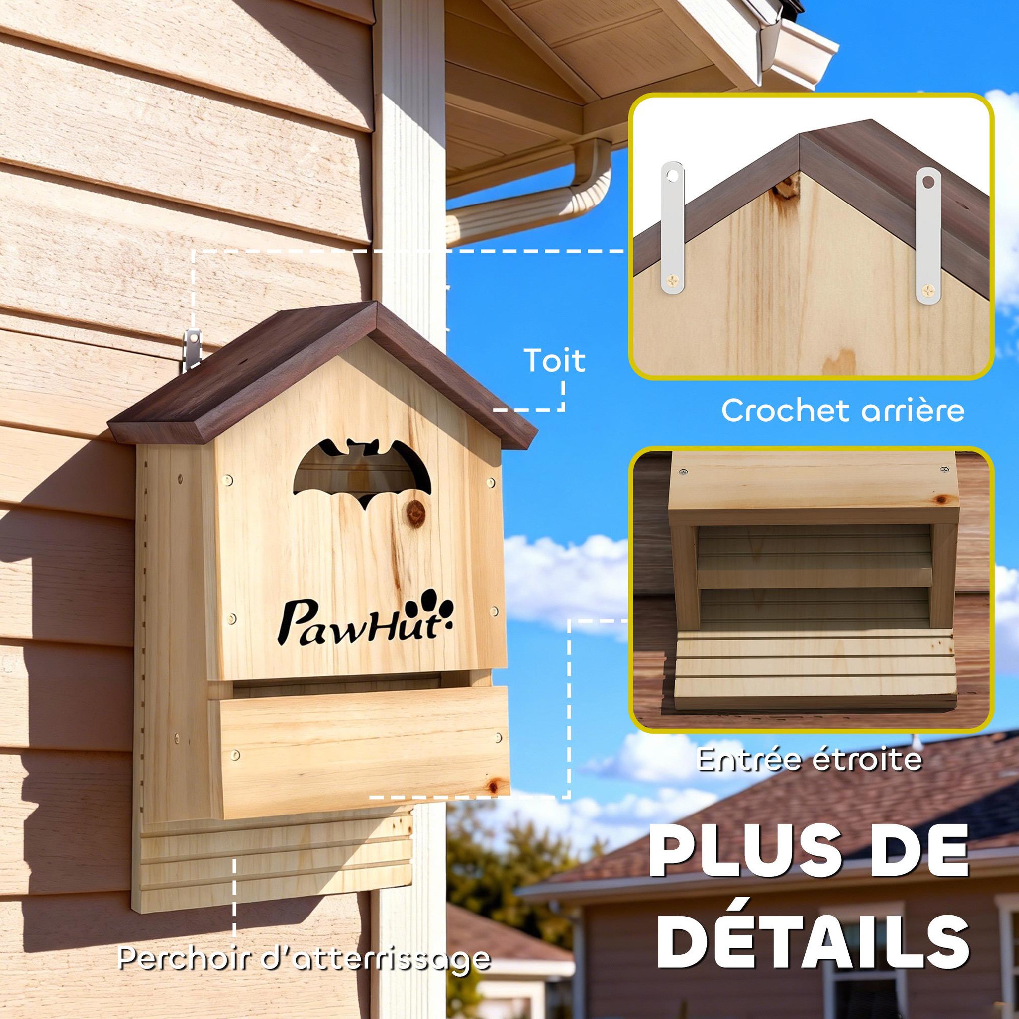 Voir la diapositive 5 : PAWHUT Nichoir à chauves-souris - lot de 3 - dim. 21 x 11 x 34 cm - bois sapin naturel brun