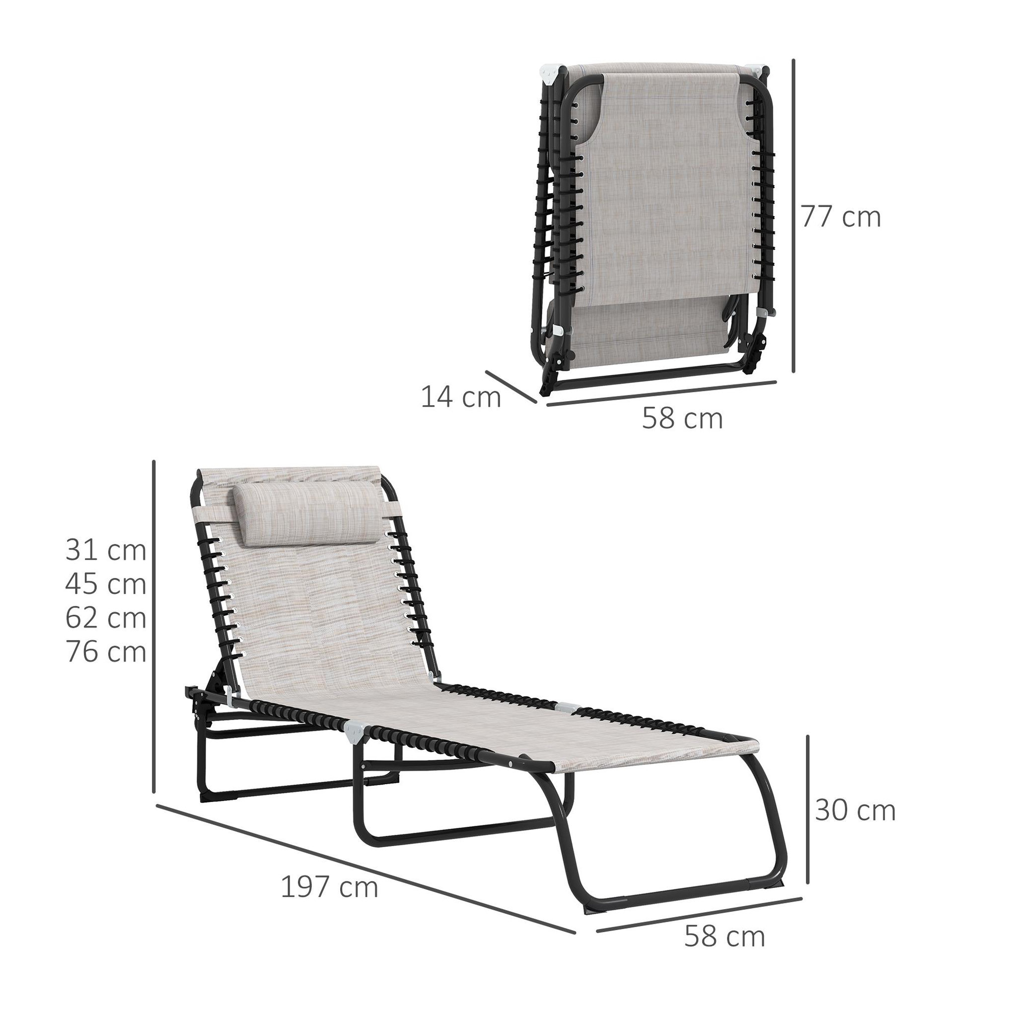 Voir la diapositive 3 : OUTSUNNY Lot de 2 bains de soleil transats pliables inclinables acier lacets élastiques noir textilène crème
