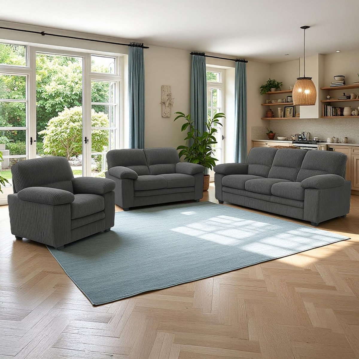 CONCEPT USINE Ensemble canapé 3 places + 2 places + fauteuil en velours côtelé gris foncé LINCOLN