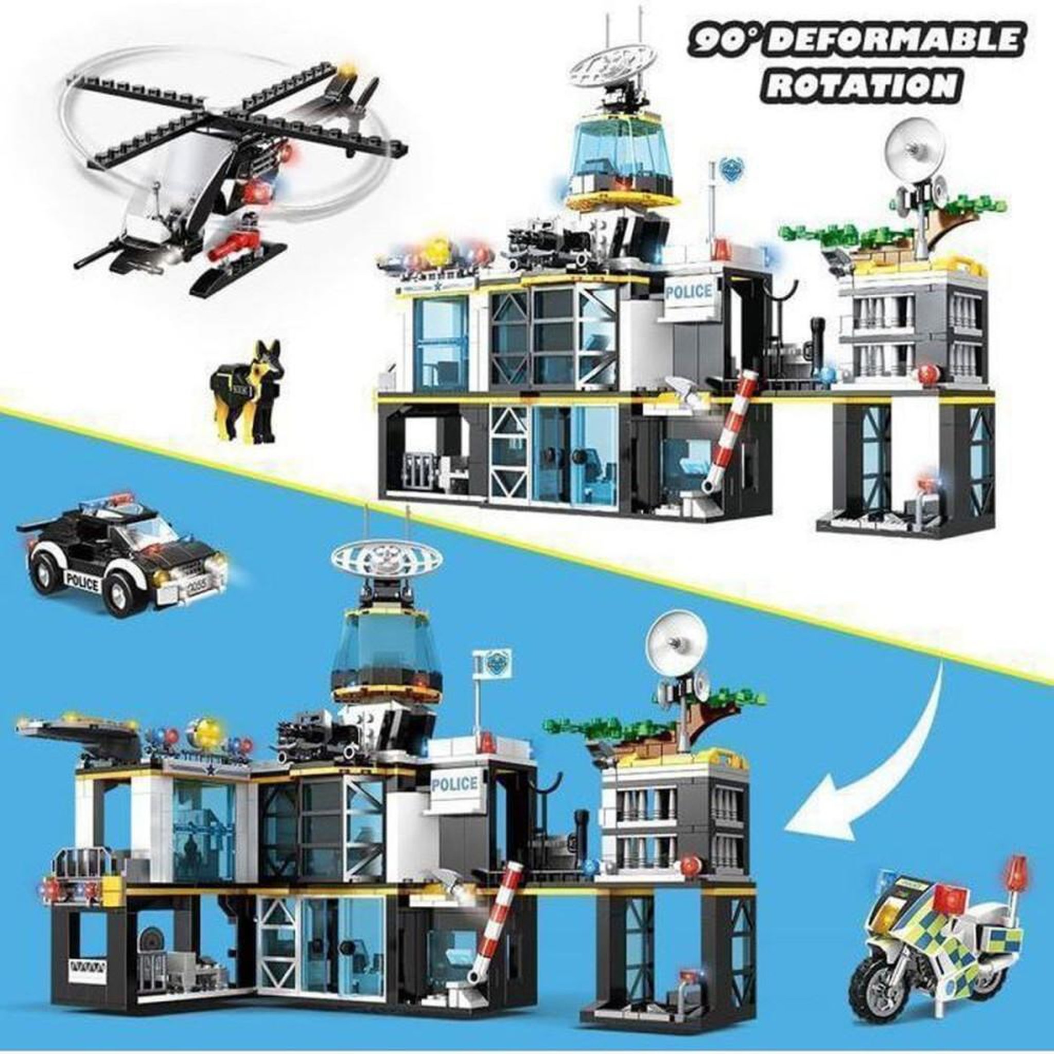 Voir la diapositive 5 : Coffret de construction Police Station 1261 pièces, station à deux étages, héliport, hélicoptère, voiture tout-terrain, moto, chien policier