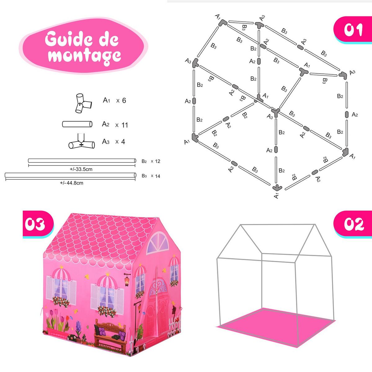HOMCOM Tente enfant tente de jeu tente chateau de princesse dim. 93L x 69l x 103H cm 2 portes polyester rose