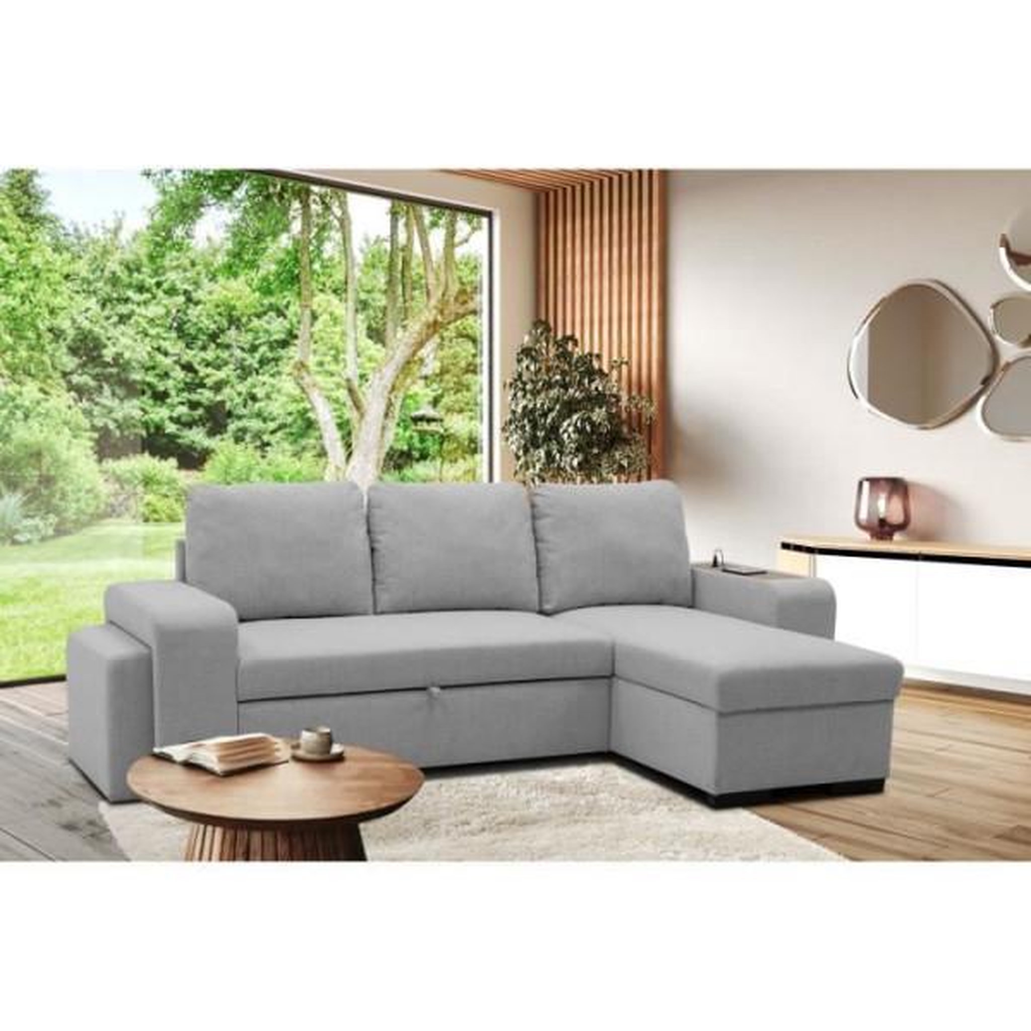 Voir la diapositive 2 : MARKET24 Canapé d'angle convertible réversible VALDO 3 a 4 places - Tissu Souris - Tablette avec USB - Coffre + Pouf - L247xP143xH86 cm