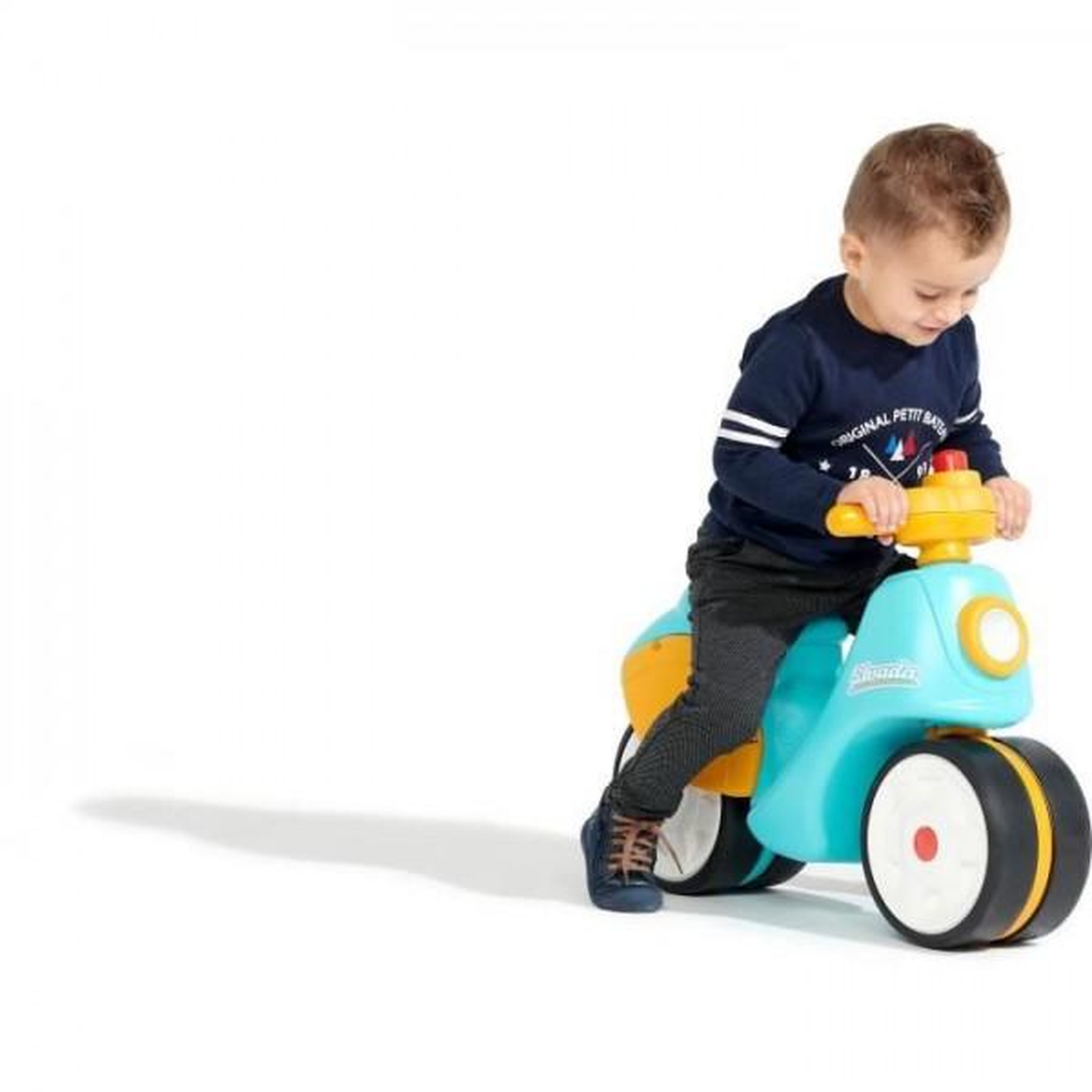 Voir la diapositive 4 : FALK Porteur Trotteur Scooter 1er âge - FALK - Stada - Jaune et bleu - Klaxon manuel - Roues silencieuses - Des 12 mois - 100% Fabriqué en France