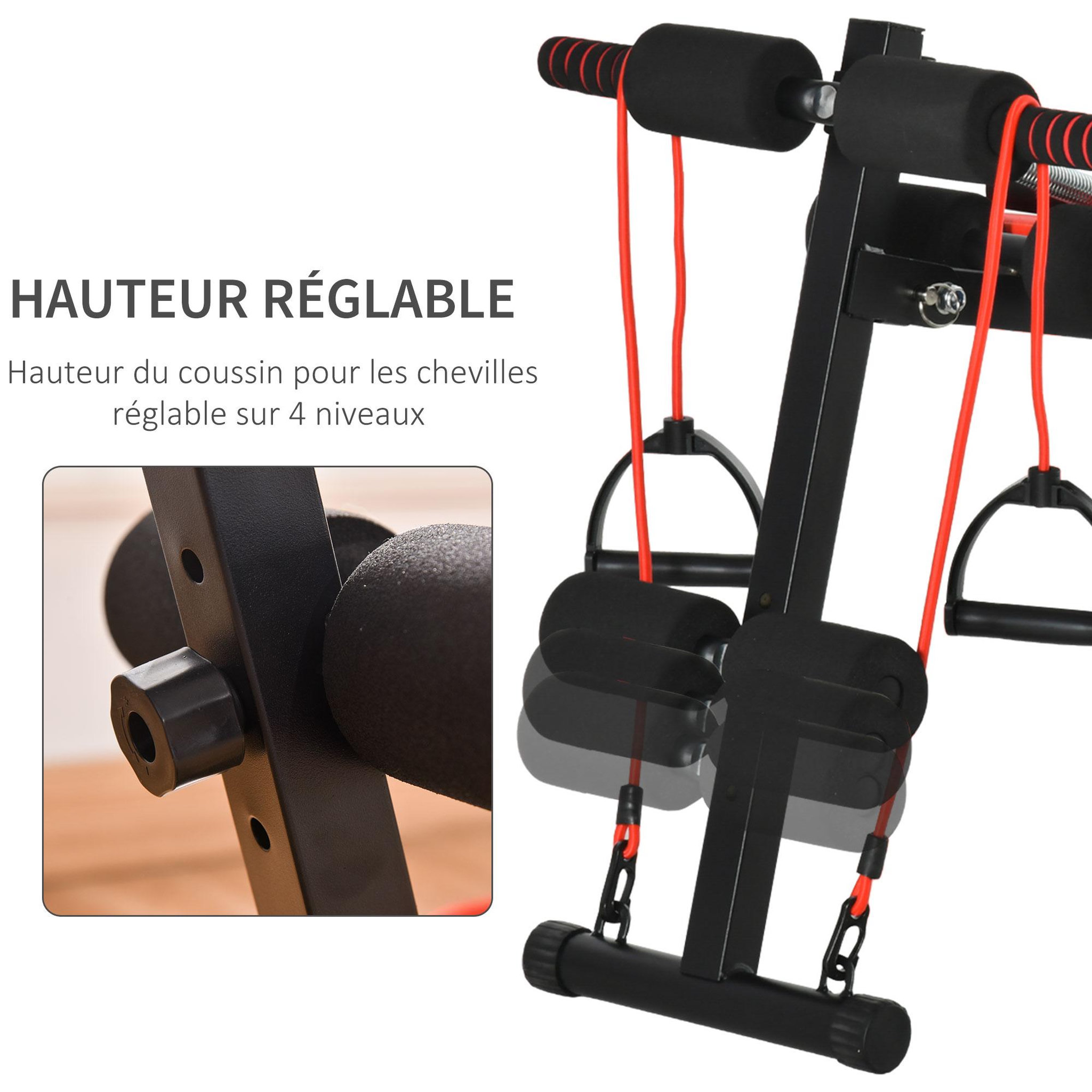 Voir la diapositive 5 : HOMCOM Banc de musculation pliable réglable - 2 bandes de résistance, ressort central traction, 2 poignées - acier PU rouge noir