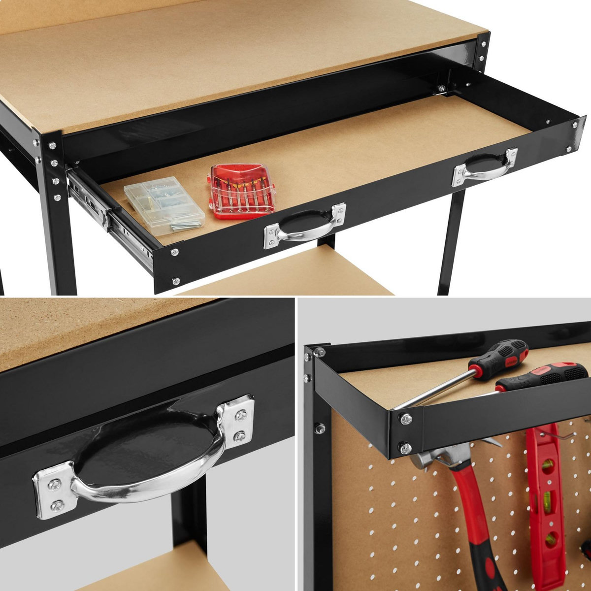 tectake Établi avec panneau perforé noir