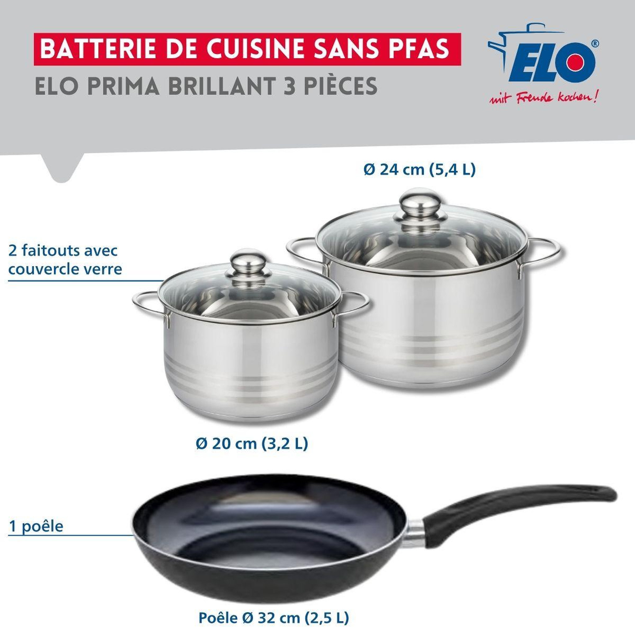 Voir la diapositive 2 : ELO Ensemble de 1 poêle de cuisson 32 cm et 2 faitouts 20 et 24 cm elo prima brillant