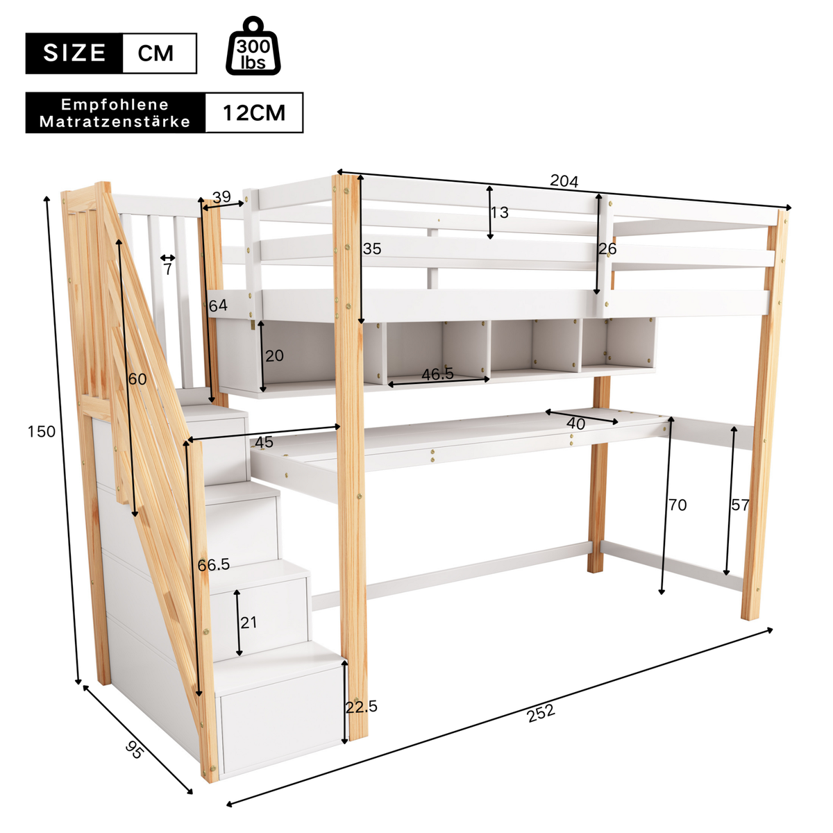 MERAX Lit combiné enfant 90x200cm bois coloris blanc+naturel