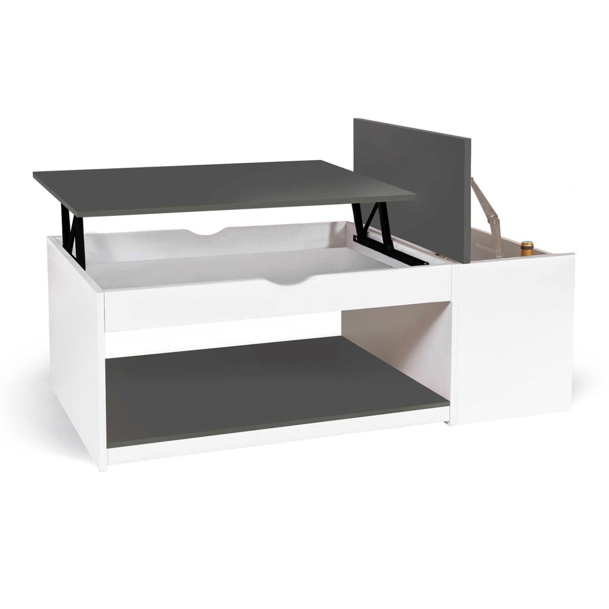 Voir la diapositive 4 : ID MARKET Table basse plateau relevable rectangulaire elea avec coffre bois blanc et gris