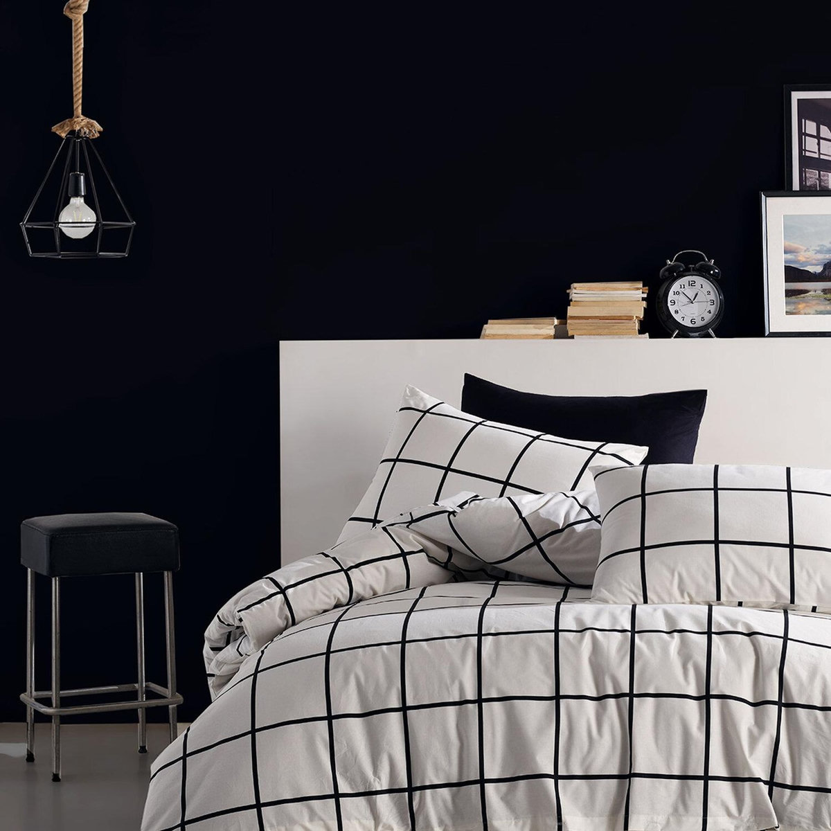 Home collection Parure Housse de couette 3 pcs 240x220 cm 100% coton 57 fils imprimé. Carreaux noir