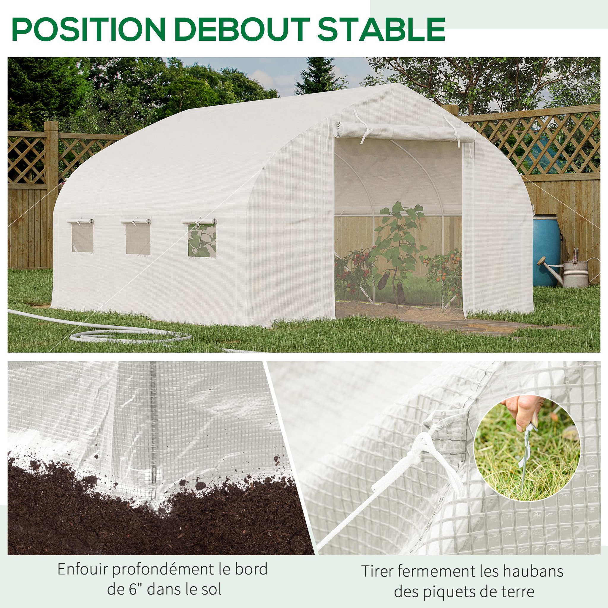 Voir la diapositive 6 : OUTSUNNY Serre de jardin tunnel 10,4 m² - 6 fenêtres et porte zippée avec moustiquaires - acier galvanisé pe blanc