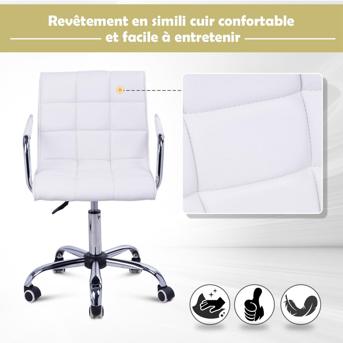 HOMCOM Chaise de bureau fauteuil manager pivotant hauteur réglable revêtement synthétique capitonné blanc