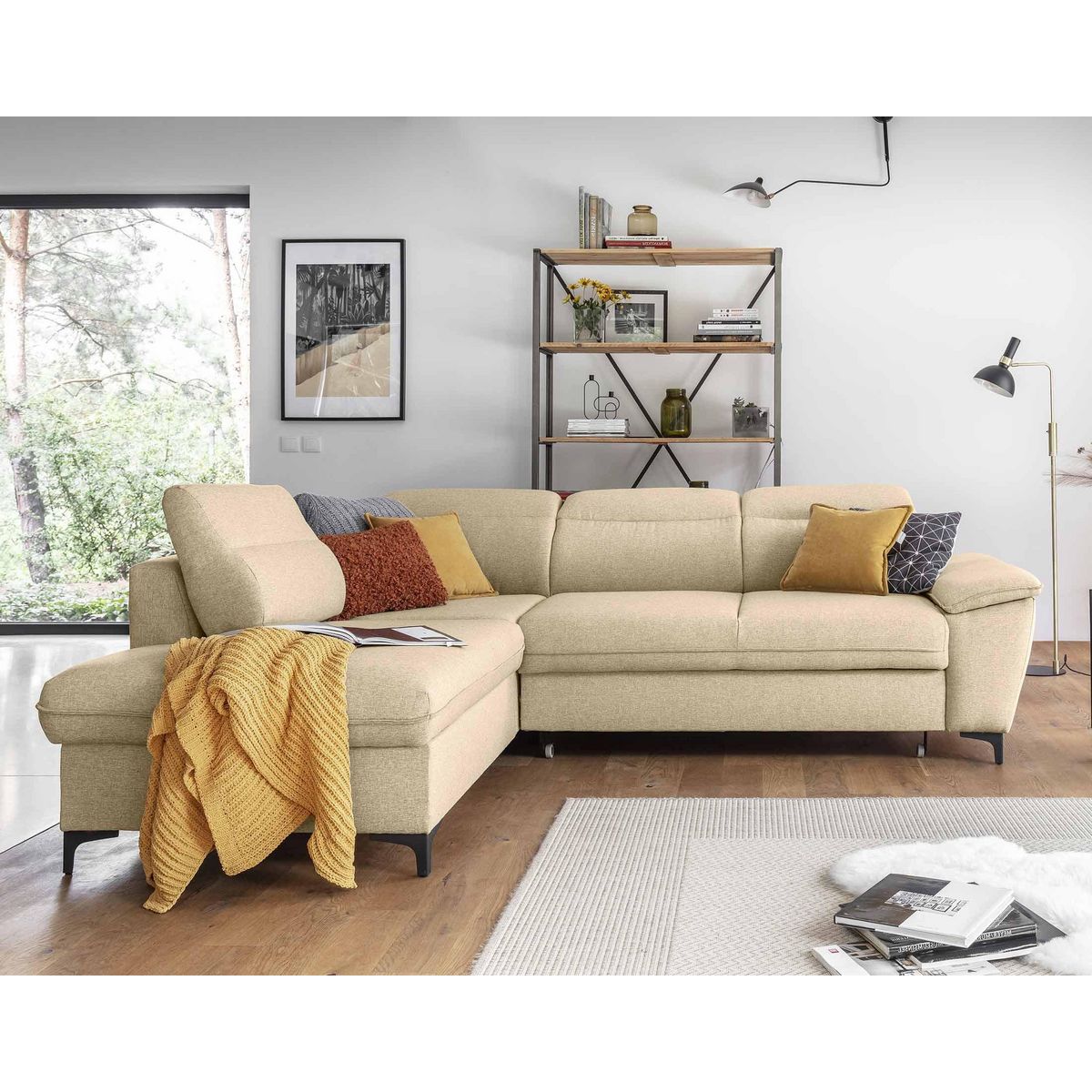 BEST MOBILIER Clever - canapé d'angle gauche - 5 places - convertible avec coffre et têtières - en tissu