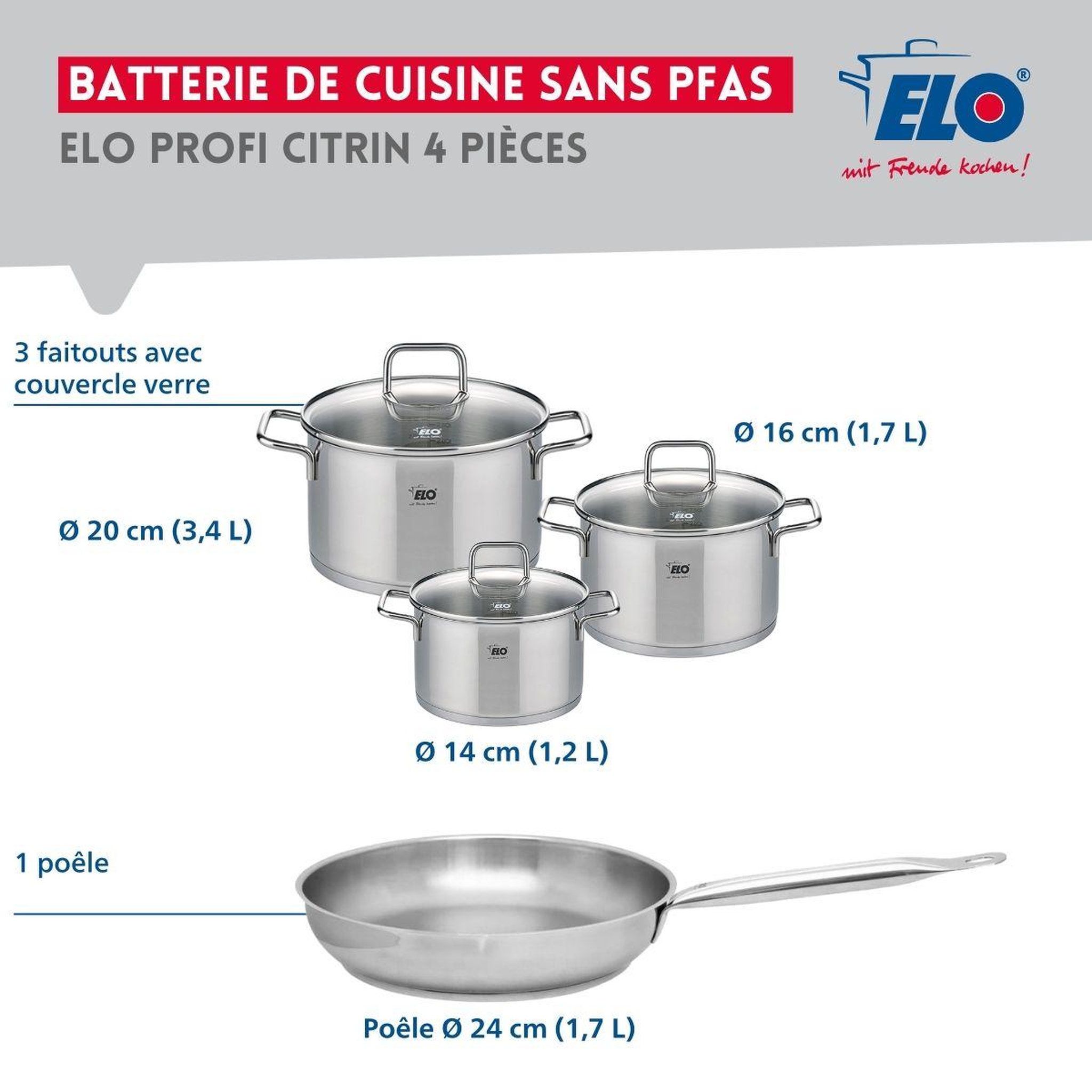 Voir la diapositive 2 : ELO Ensemble de 1 poêle de cuisson 24 cm et 3 faitouts 14, 16 et 20 cm elo profi citrin