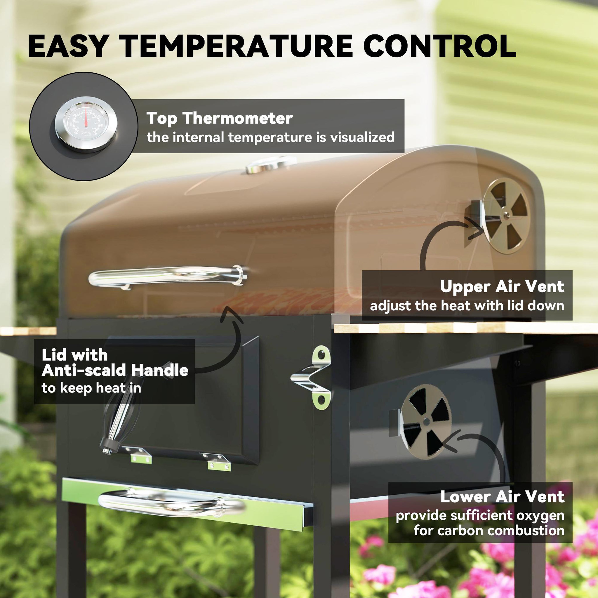 Voir la diapositive 3 : OUTSUNNY Barbecue charbon de bois avec couvercle 2 roues - hauteur grille réglable, thermomètre, 3 étagères - acier noir bois