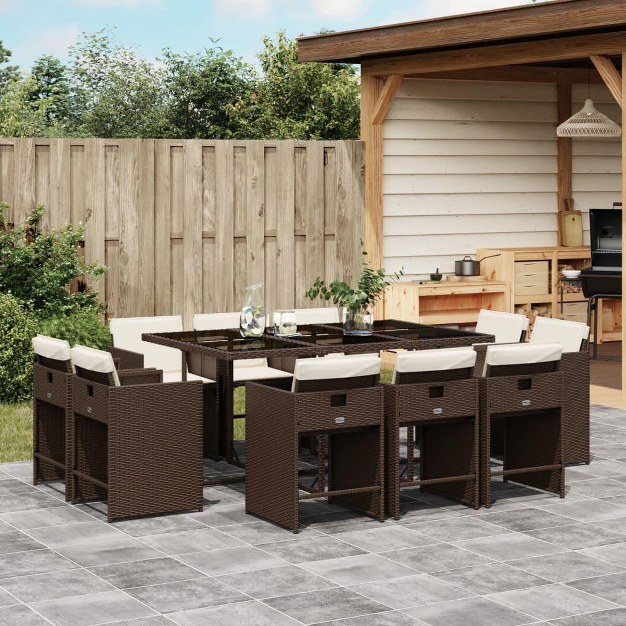 VIDAXL Ensemble a manger de jardin et coussins 11 pcs marron rotin